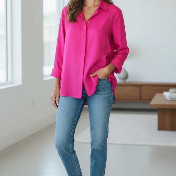 Chico’s Vibrant Pink 100% Silk Blouse - Jacket Size 2 EUC - Picture 1 of 10